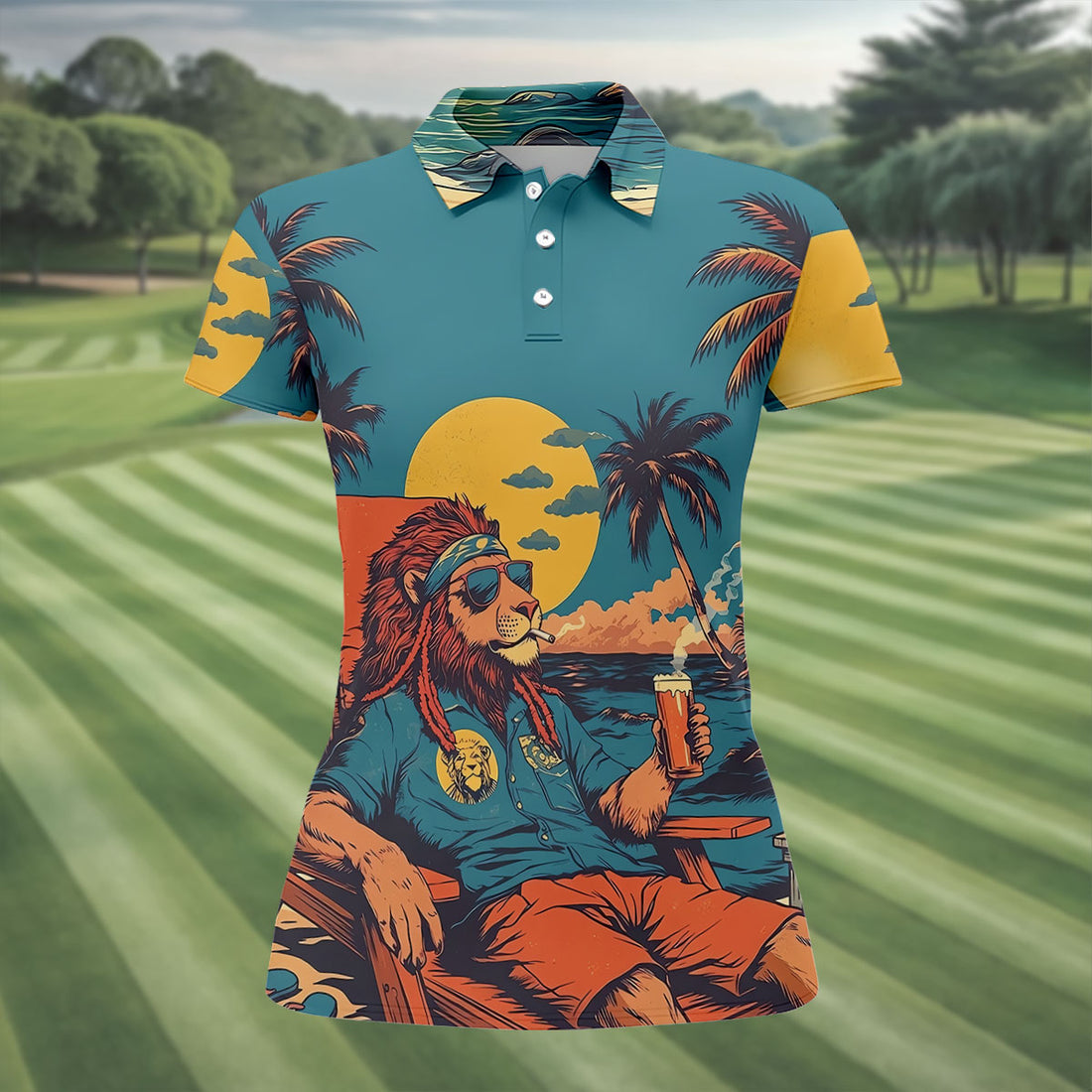 Beach Vibes Lion Sunset Teal Hawaiian Golf Polo, Golf Tops For Women, Golfing Apparel