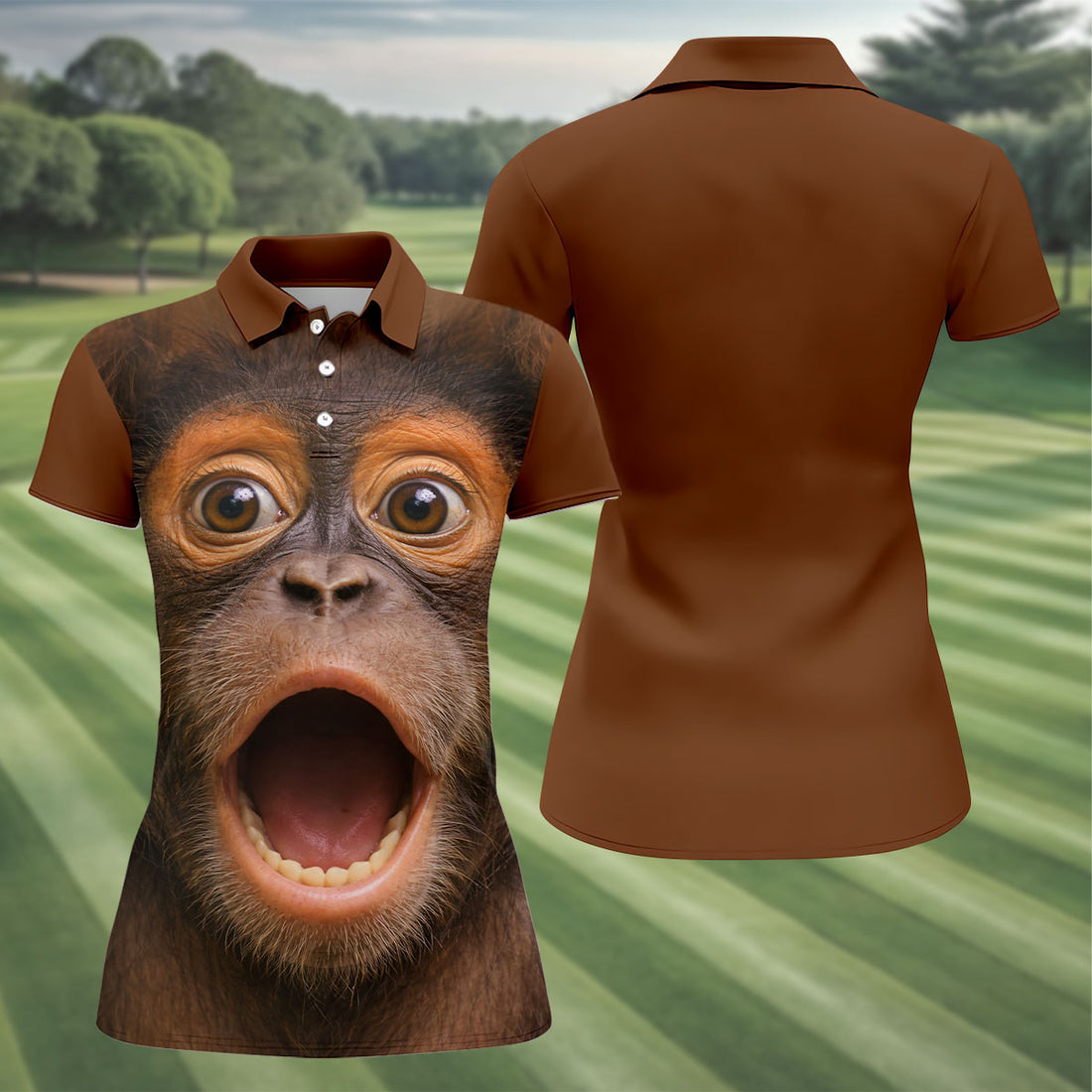Funny Monkey Face Scream Print Hawaiian Golf Polo, Golf Tops For Women, Golfing Apparel