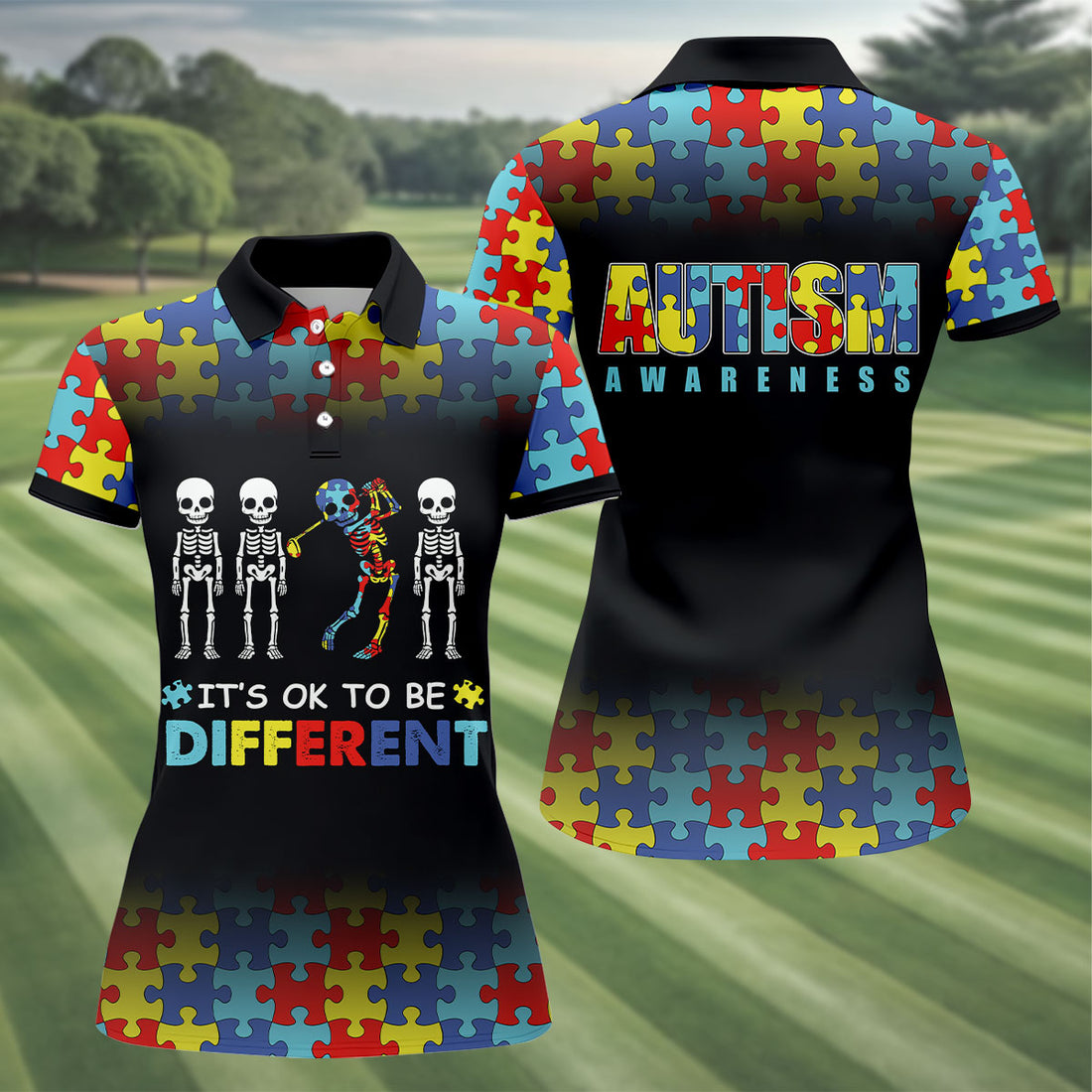 It's Ok To Be Different Women Polo Shirt, Autism Awareness Puzzle Pattern Black Fade Golf Shirts For Women, Autism Golf Shirt