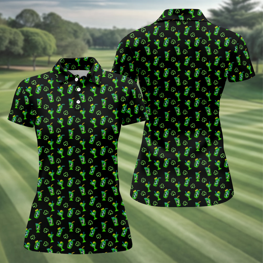 Neon Green Cocktails Three Leaf Clover St Patrick's Day Golf Shirt, Women's Golf Tops, Ladies Golf Shirts