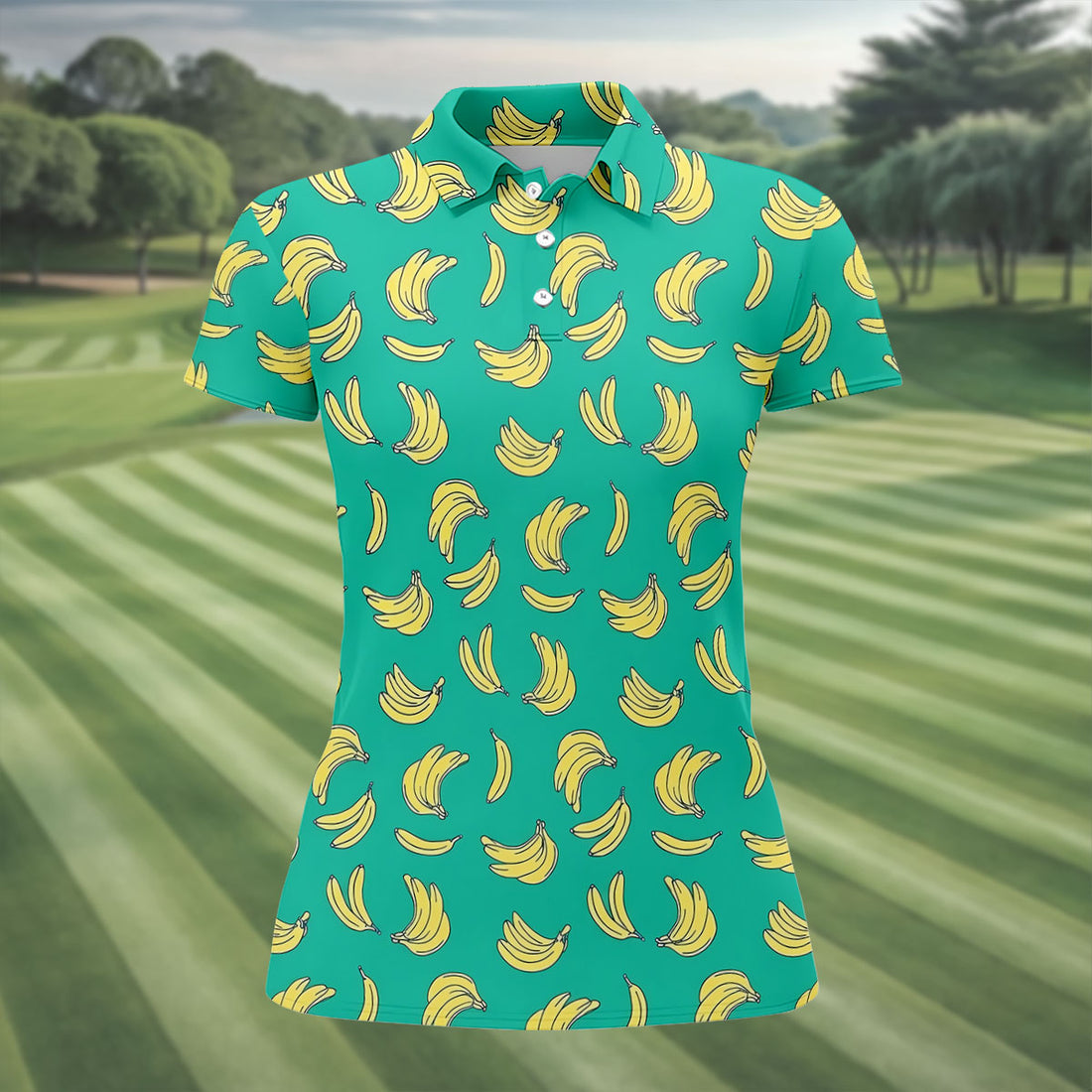 Tropical Banana on Turquoise Background Hawaiian Golf Polo, Golf Tops For Women, Golfing Apparel