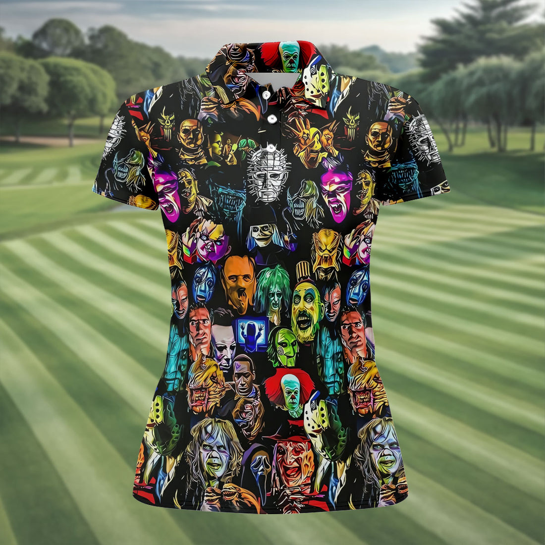 Halloween Horror Character Hawaiian Golf Shirt, Women’s Golf Polo, Golf Shirts For Women