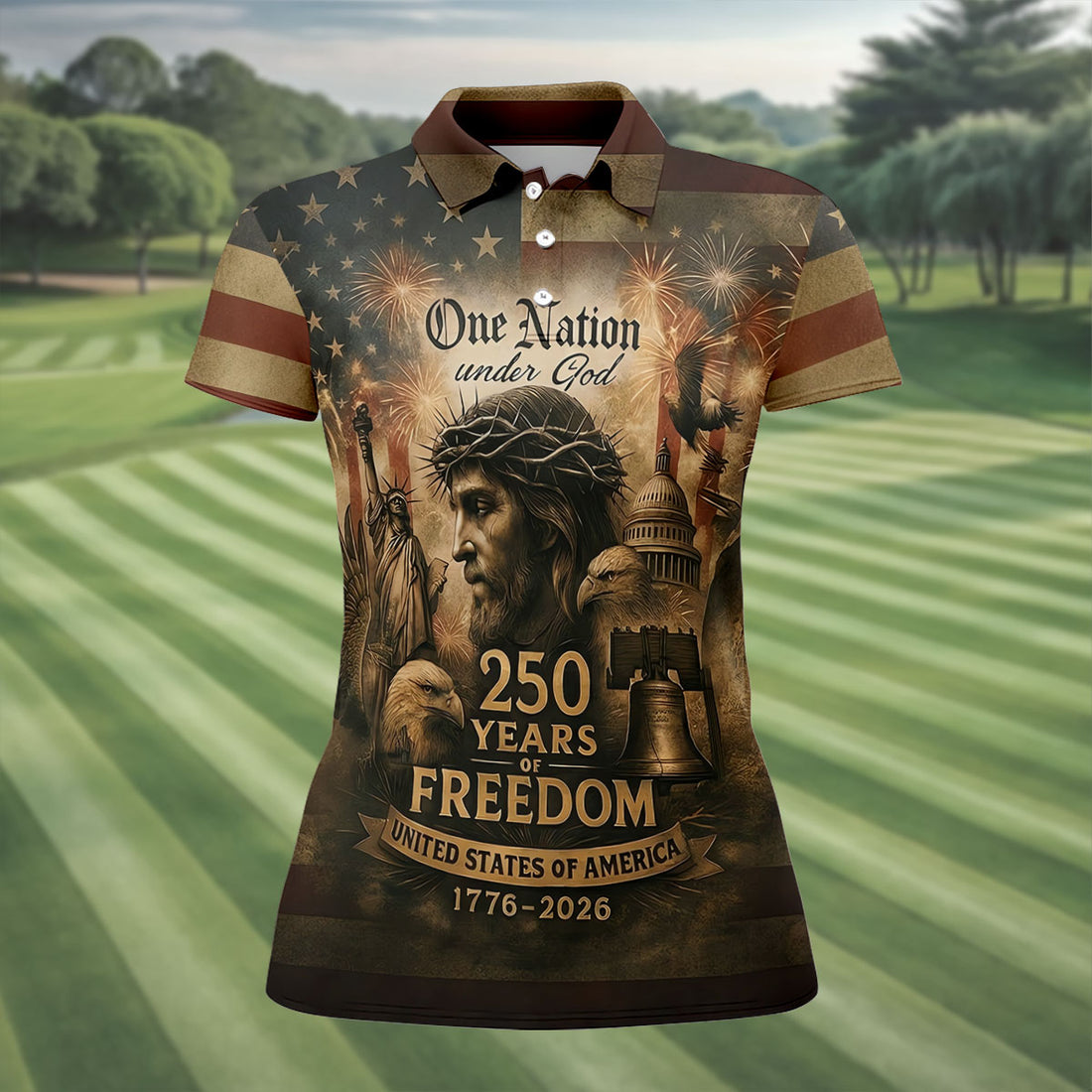 One Nation Under God America 250 Golf Polo Shirt, Women’s Golf Polo, Performance Golf Shirt