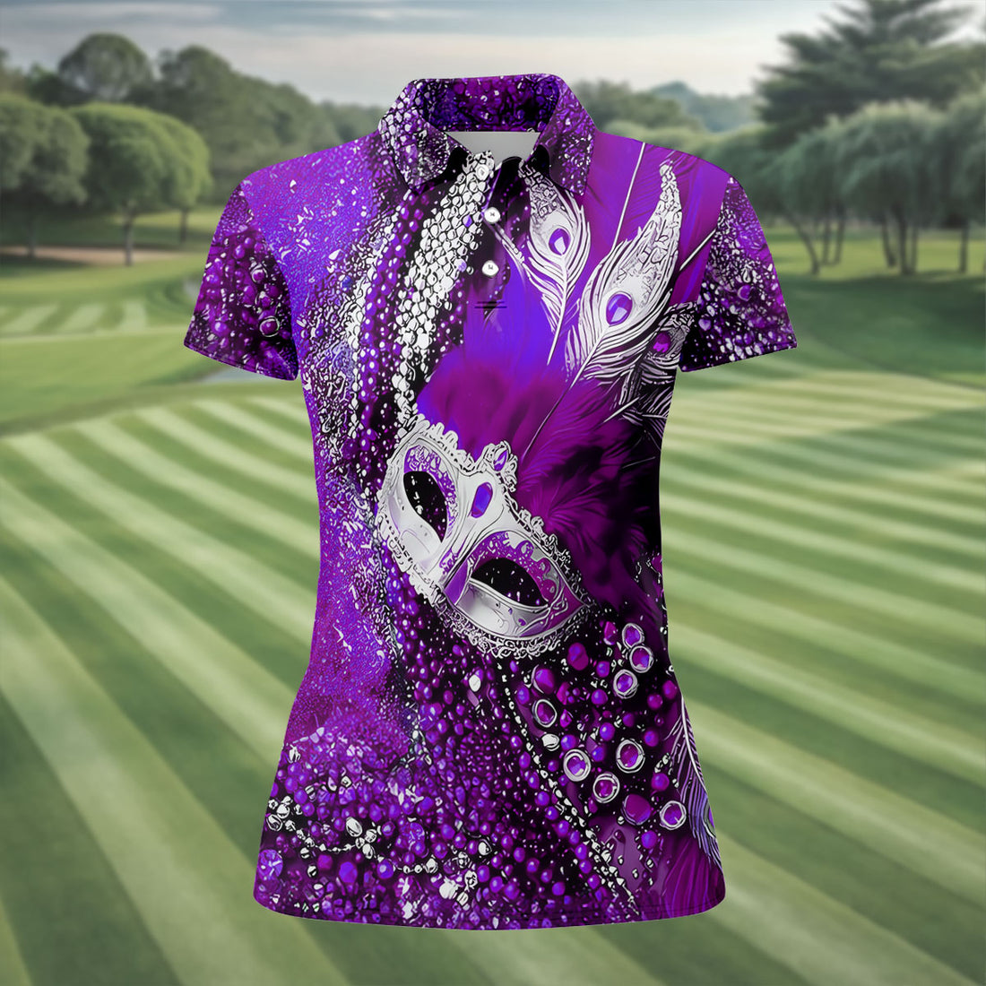 Mardi Gras Masquerade Mask Feather Beads Purple Golf Shirt, Women's Golf Tops, Ladies Golf Polos