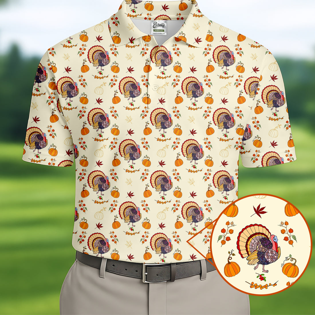 Turkey Pumpkin Thanksgiving Holiday Beige Golf Tops For Men, Polo Shirts For Men, Golf Gift For Men, Golfing Apparel