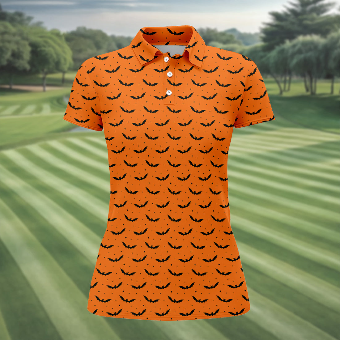 Spooky Bats Orange Halloween Golf Shirt, Ladies Golf Tops, Golf Gifts For Women, Golfing Apparel