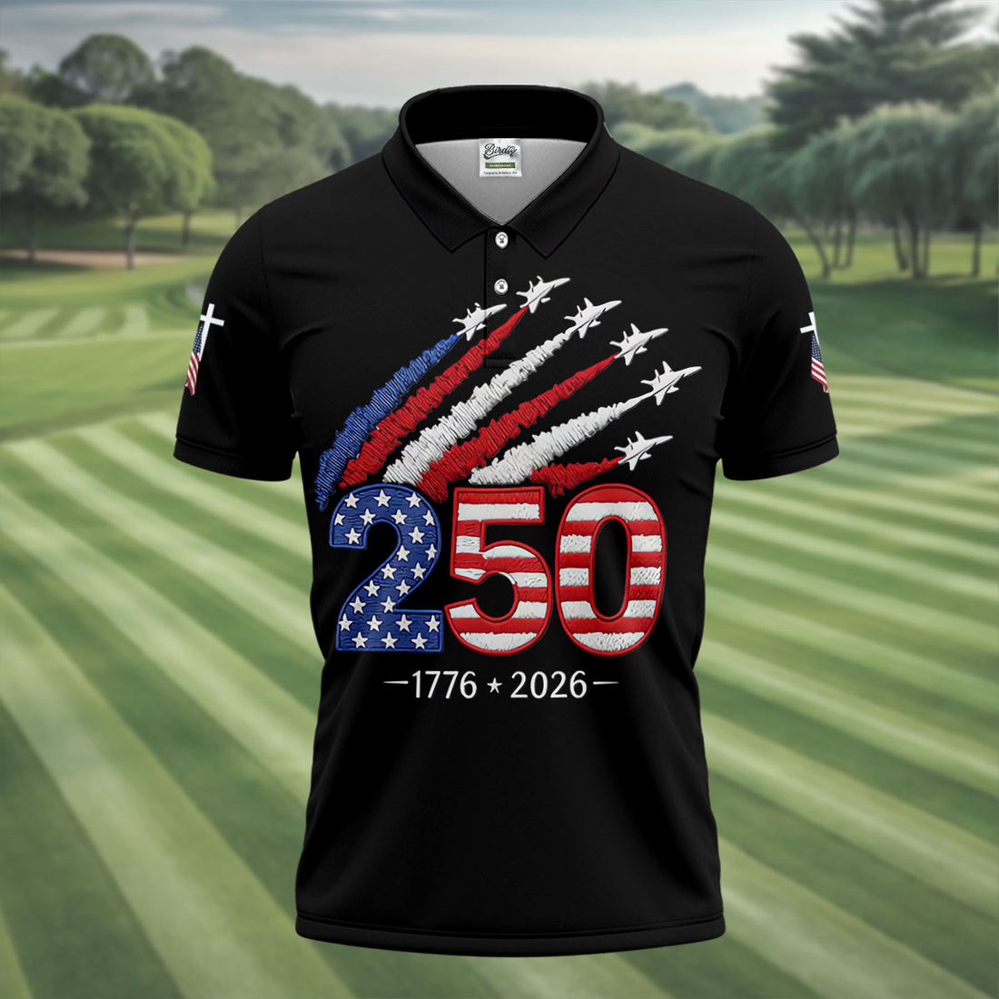 Flying Fighter Jets Faith Cross Patriotic 4th Of July Black Golf Shirt, 250 Years Golf Shirts For Men