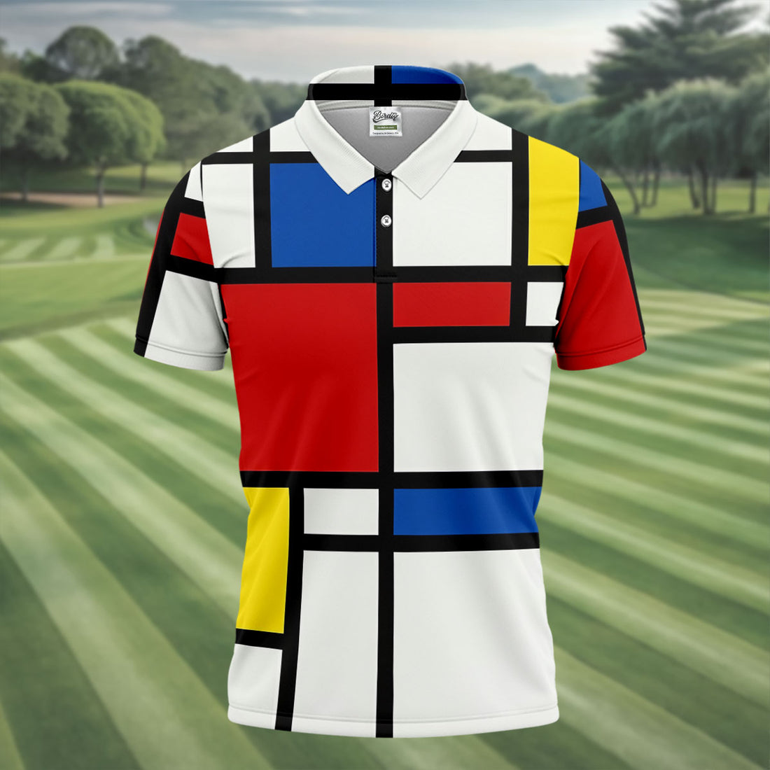 Red Yellow Blue Mondrian Style Vintage Hawaiian Golf Shirt, Men's Golf Shirt, Polo Shirts For Men