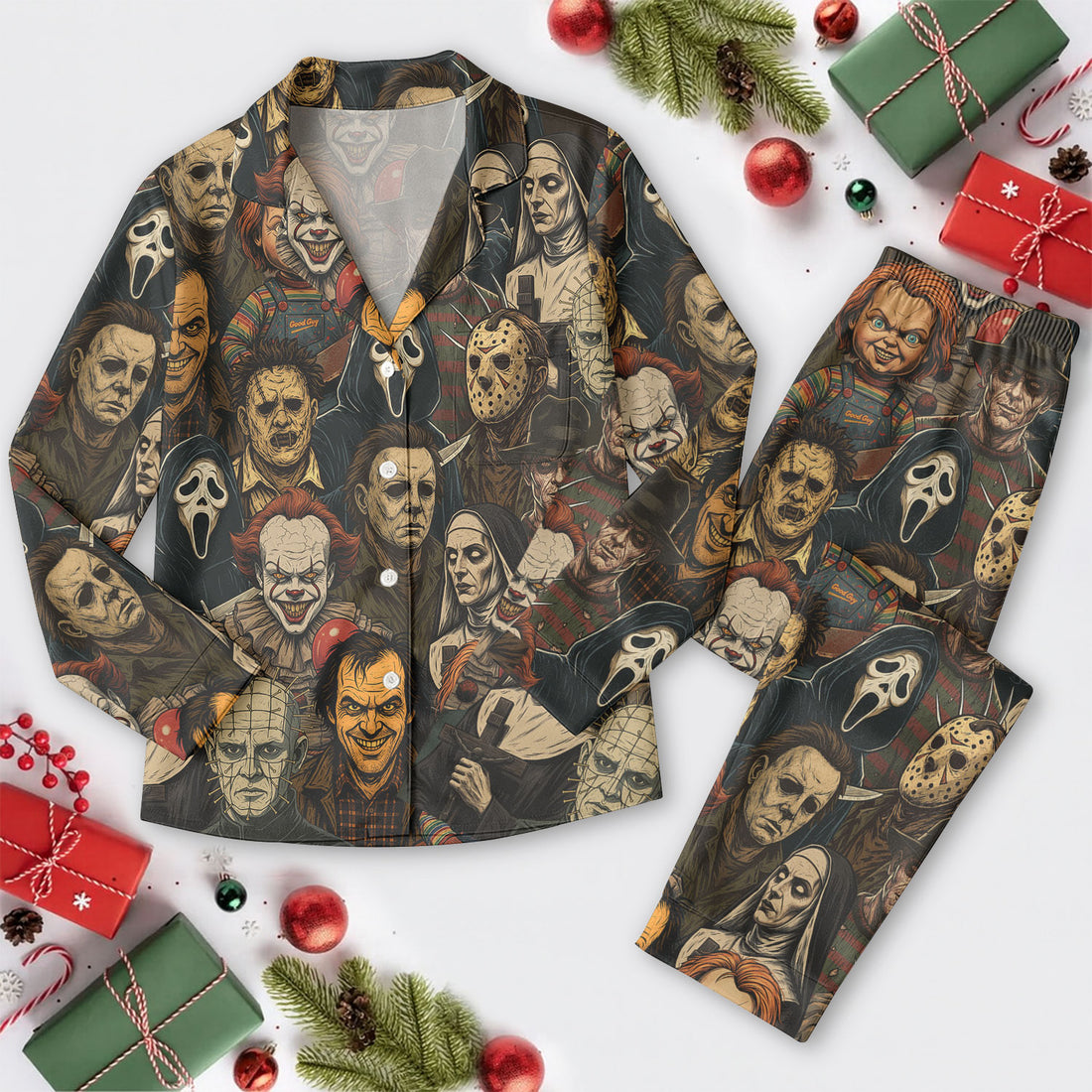 Horror Halloween Character Pajama Set Long Sleeve, Horror Movie Pajamas, Horror Fan Gift
