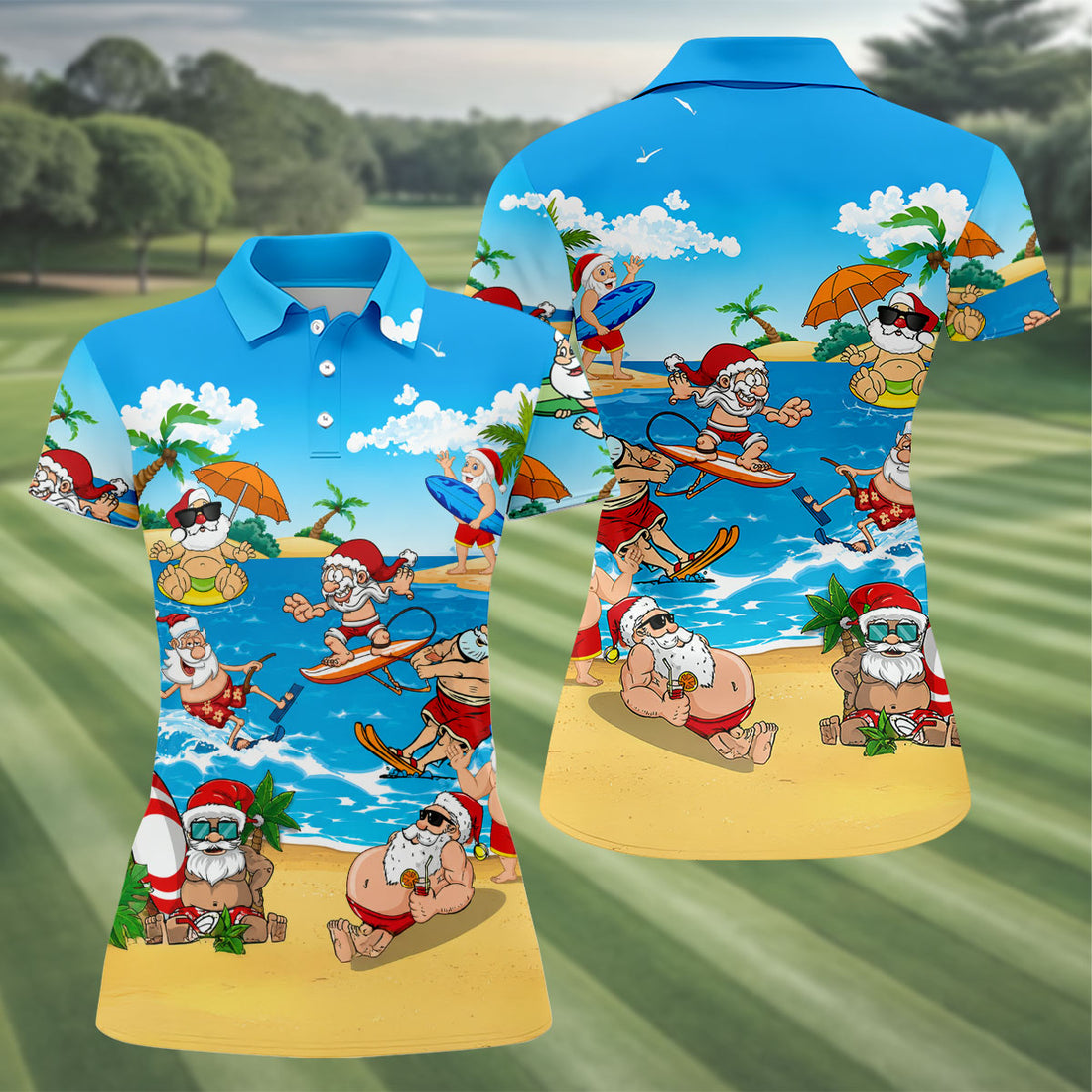 Santa Claus Summer Beach Party Golf Shirt, Golf Polo For Women, Christmas Golf Shirt