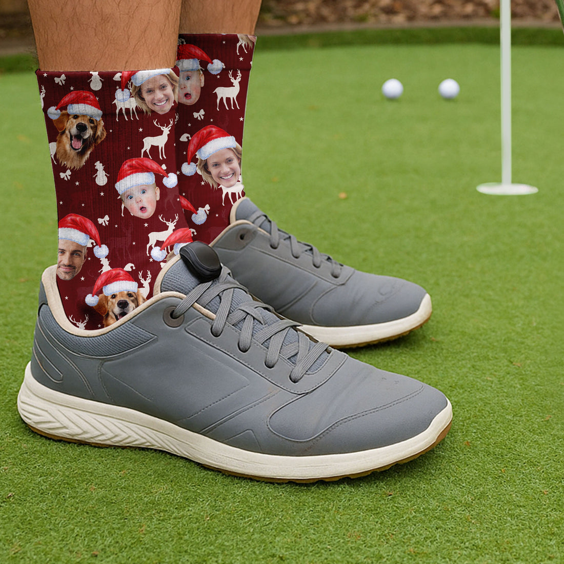 Custom Face Snow Figure Maroon Golf Socks, Christmas Golf Gift, Custom Golf Accessories
