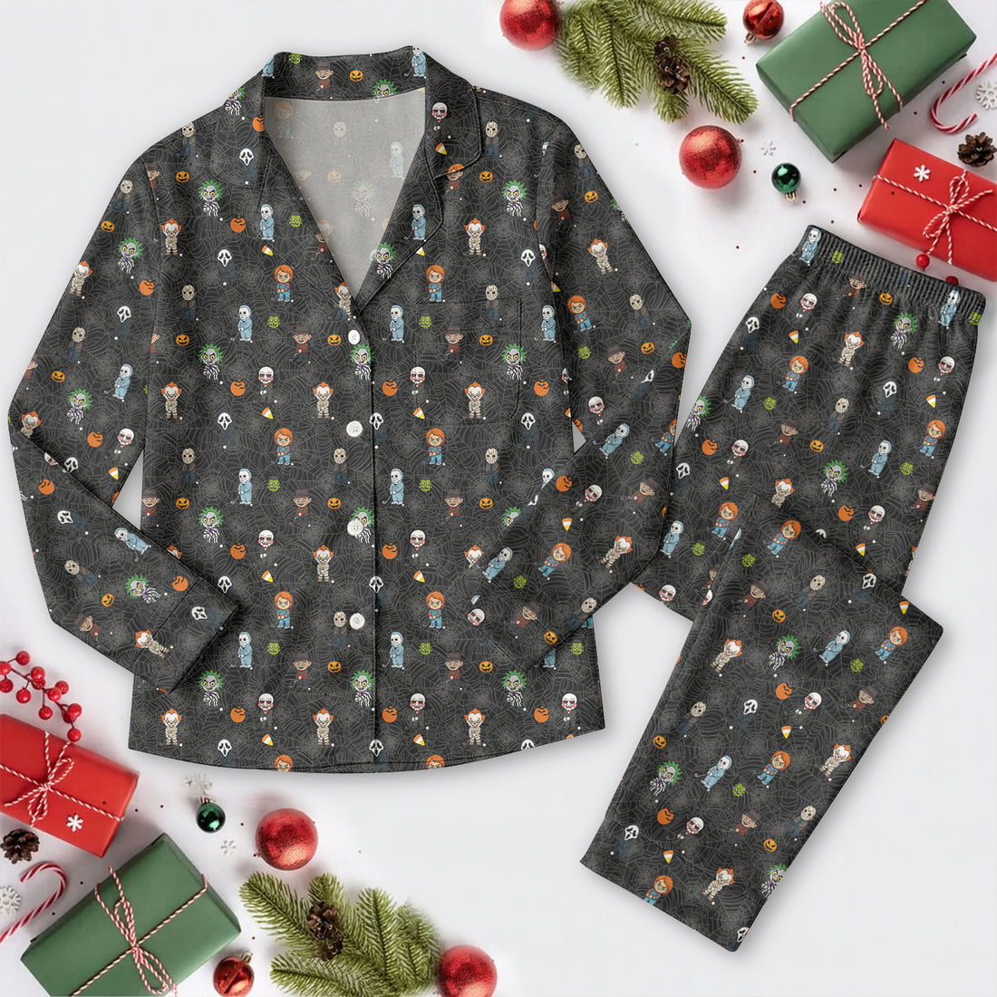 Funny Horror Character Golfing Pajama Set Long Sleeve, Black Pajama Set, Halloween Satin Pajama Set