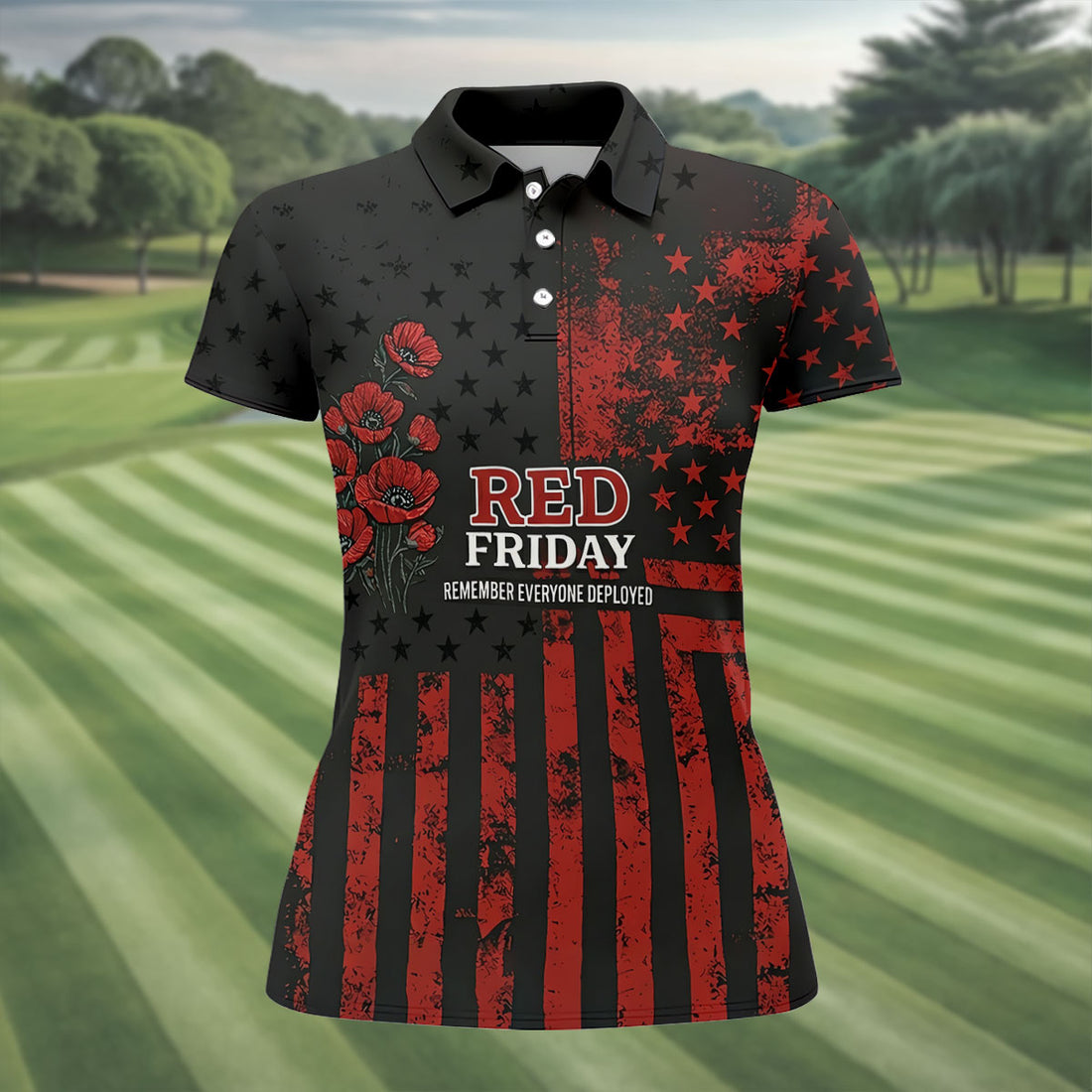 Red Friday American Flag Poppy Golf Polo Shirt, Ladies Golf Shirt, Golf Tops For Women