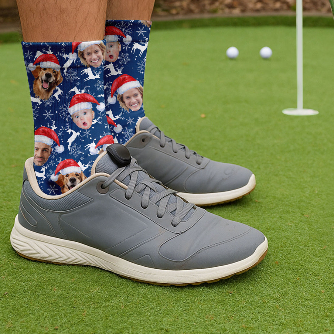 Custom Face Reindeer Pattern Navy Golf Socks, Christmas Golf Socks, Golf Gift Idea