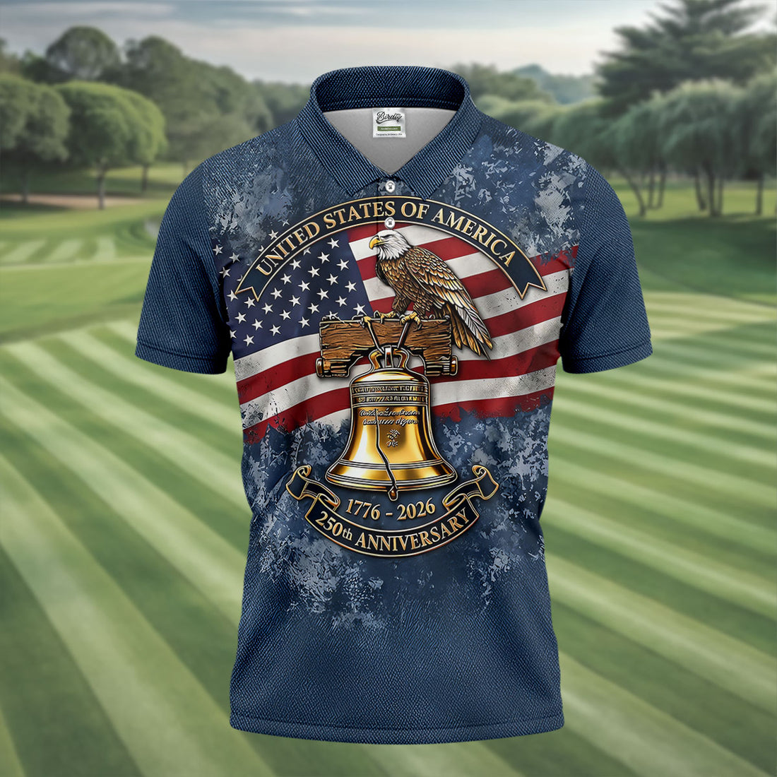 Patriotic Bald Eagle Liberty Bell Distressed Golf Shirt, 250 Years 4th Of July Golf Shirts For Men