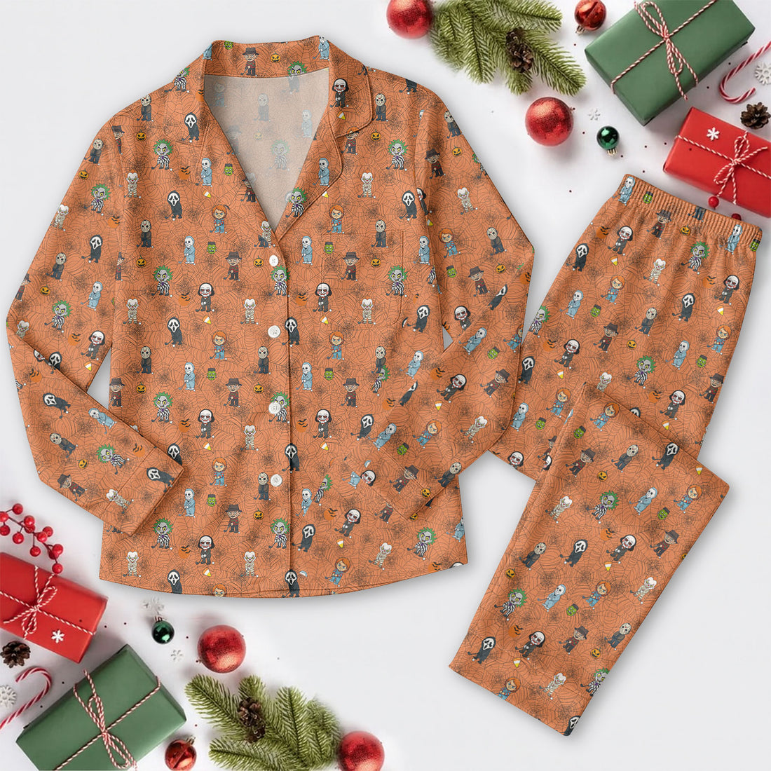 Horror Halloween Character Pajama Set Long Sleeve, Funny Pajama Set, Horror Movie Gift