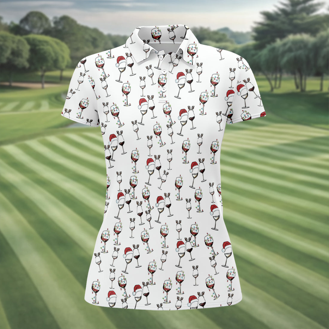 Wine Glass Christmas Lighting Women's Golf Tops, Christmas Golf Shirt, Ladies Golf Polos