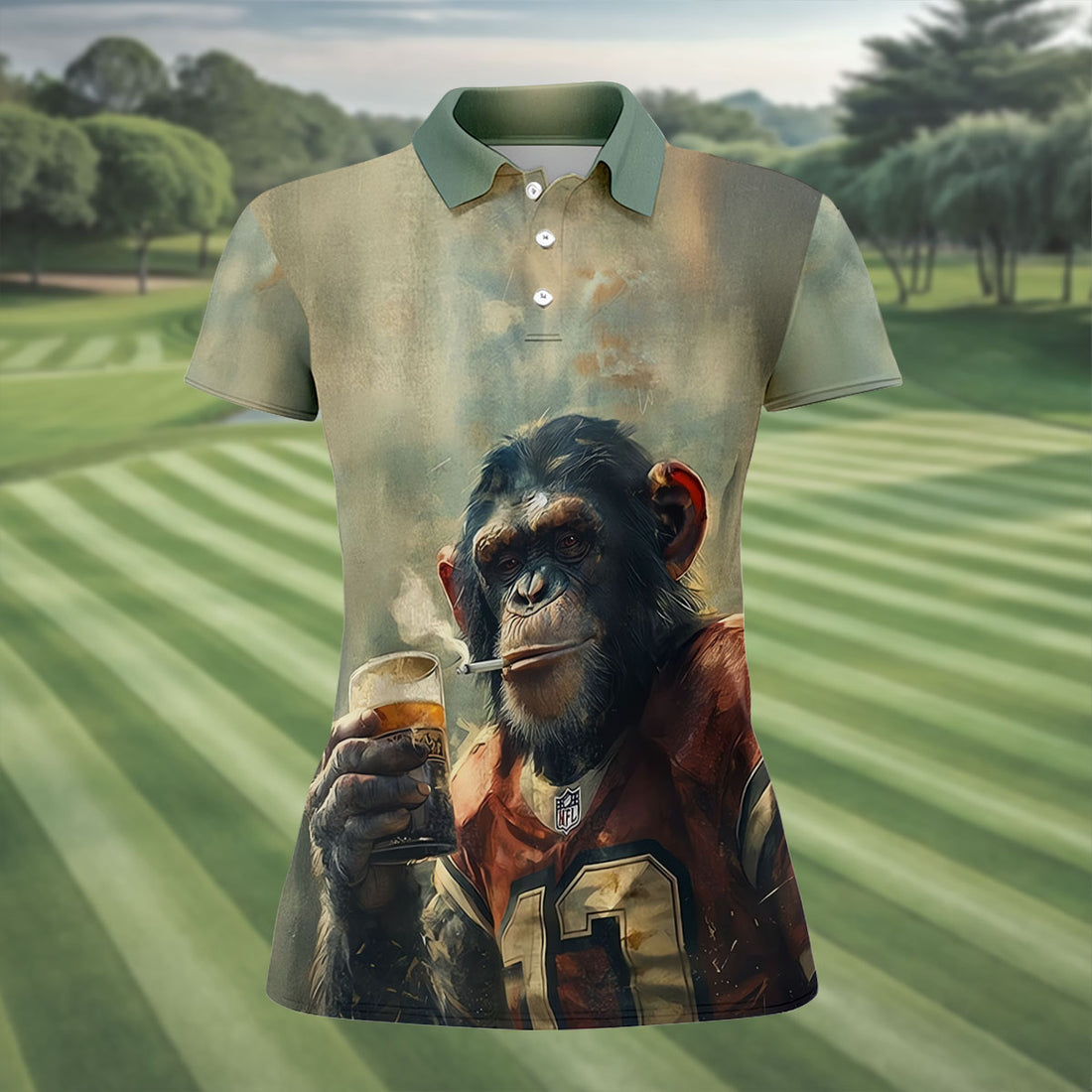 Football Monkey SageSmoke Hawaiian Golf Polo, Golf Tops For Women, Golfing Apparel