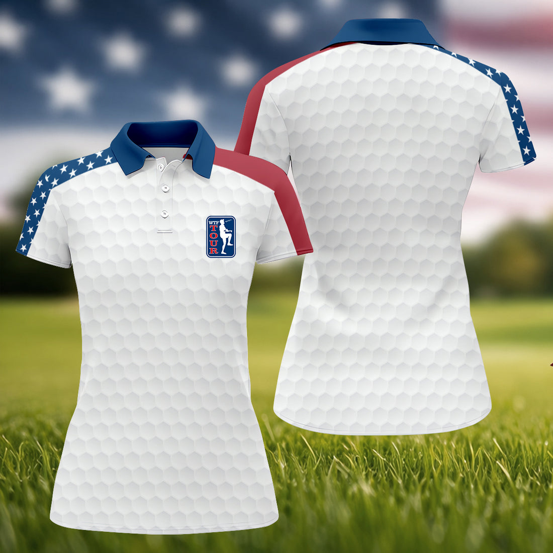 WTF Tour Golf Tournament Golf Ball Pattern Red White Blue Women Golf Top, Ladies Golf Shirts