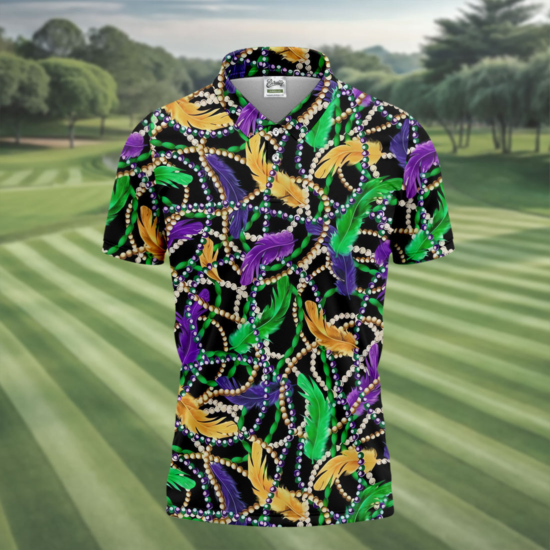 Purple Green Gold Feather Beads Mardi Gras Golf Shirt, Polo Shirts For Men, Golf Shirts For Men