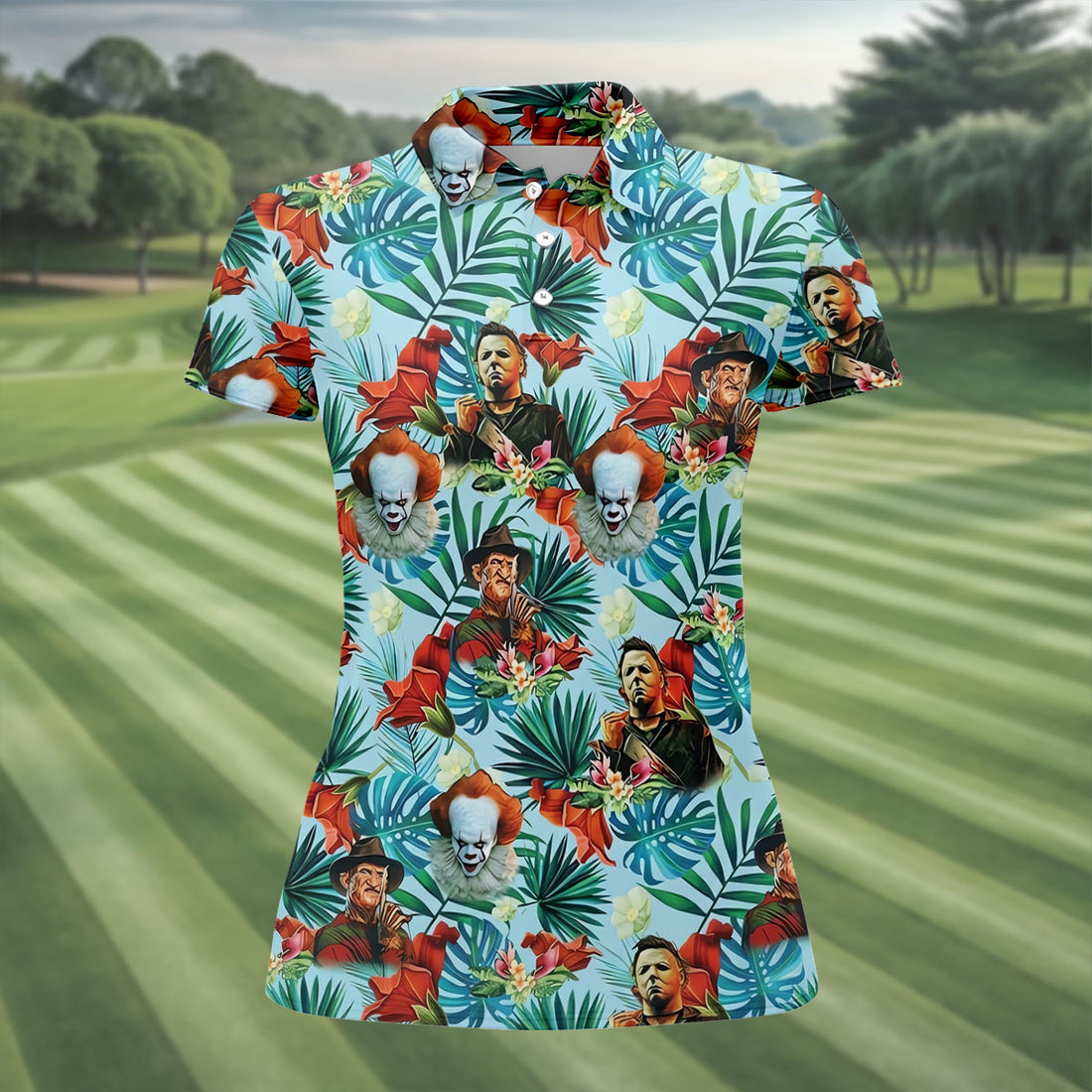 Tropical Horror Character Hawaiian Golf Shirt, Women’s Golf Polo, Halloween Golf Shirt