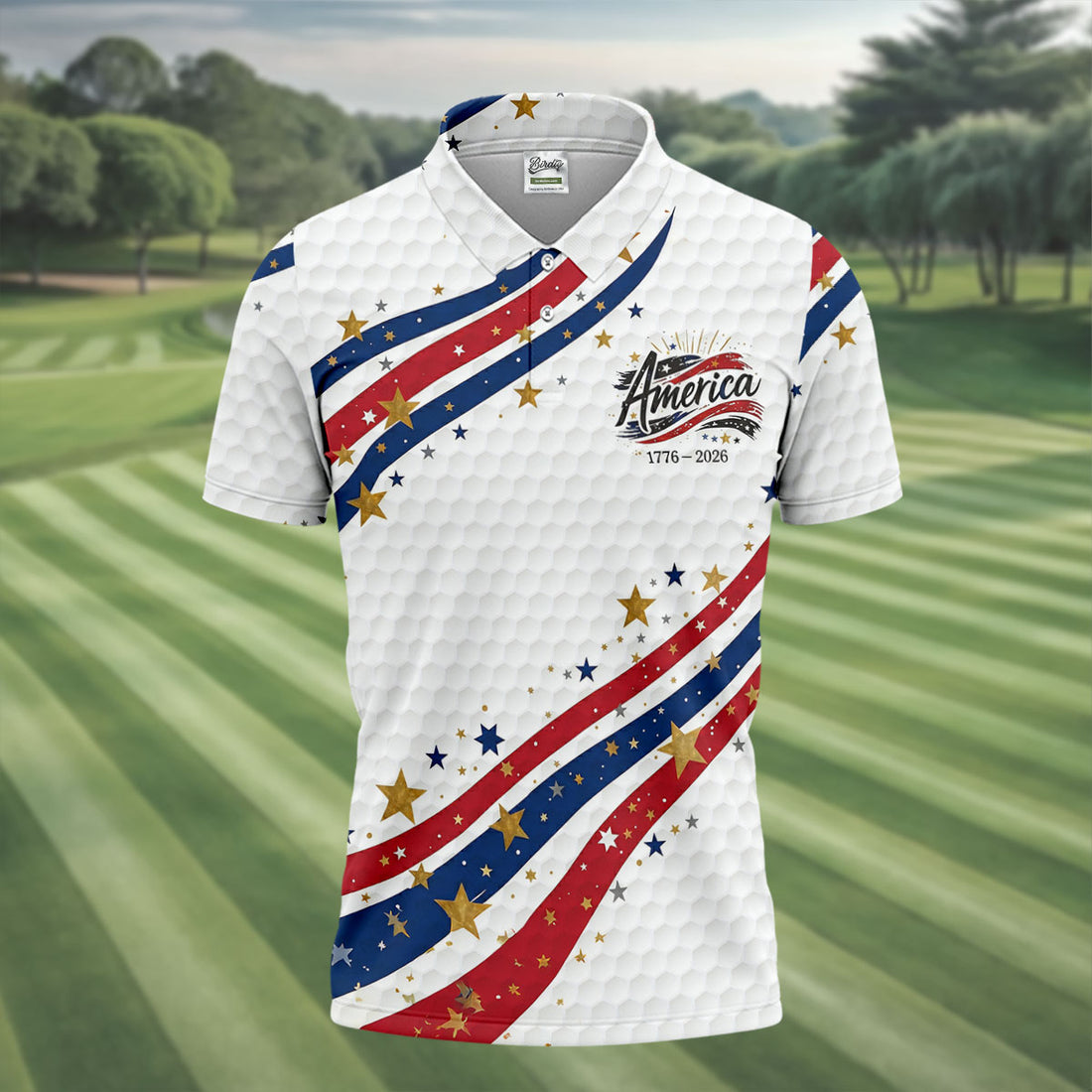 Red White Blue Wavy Stripes Golf Ball Pattern Patriotic Golf Shirt, 250th Anniversary Golf Shirts For Men