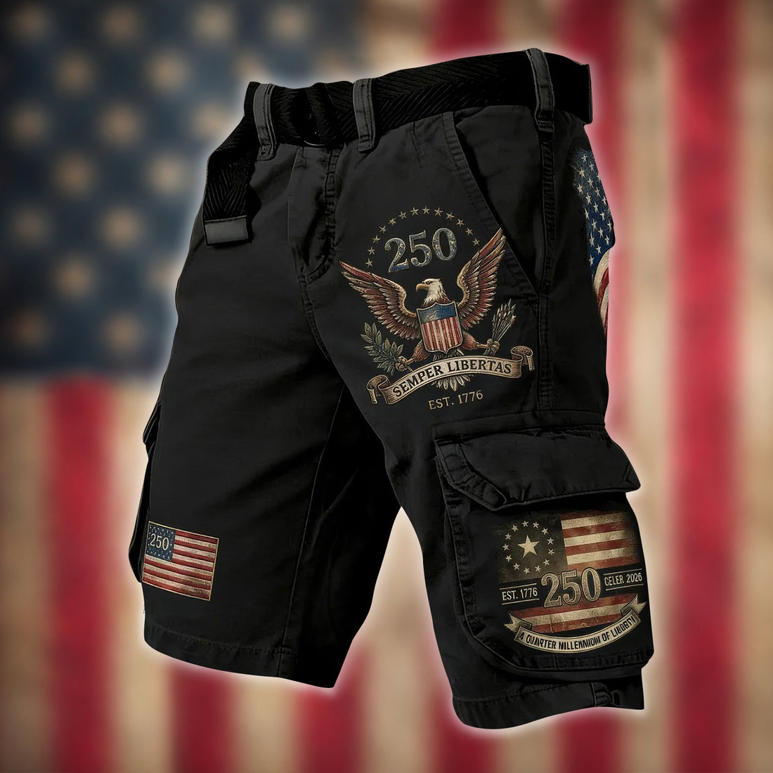 Bald Eagle USA Flag Pattern Black Cargo Shorts, Golf Shorts For Men, 250th Anniversary Short Pants