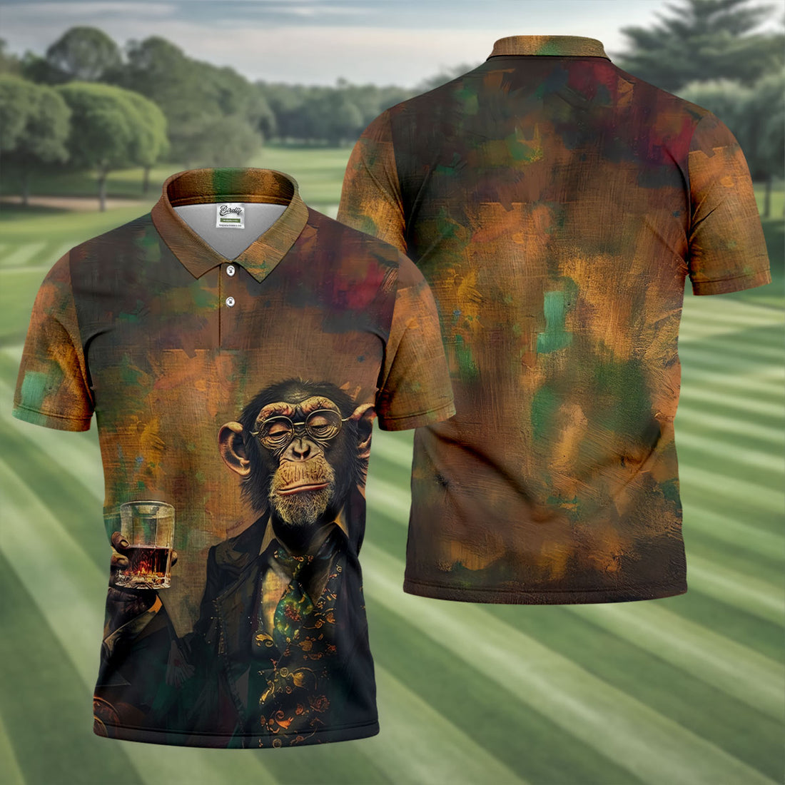 Monkey Gentleman Vintage Oak Hawaiian Golf Polo, Golf Tops For Men, Golfing Apparel
