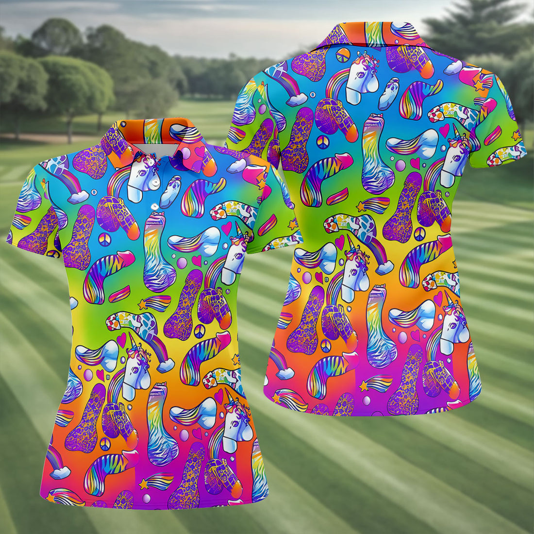 Funny Colorful Adult Humor Golf Shirt, Rainbow Unicorn Polo Shirt For Women, Eye Catching Golf Fashion Apparel