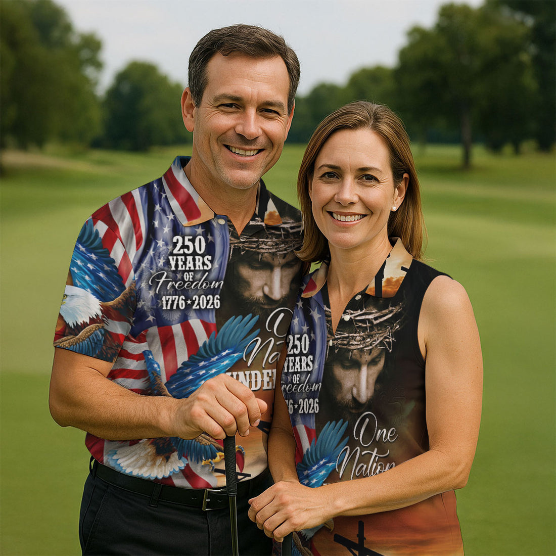 America 250 Years of Freedom Men's Polo Shirt, Jesus Christ Cross One Nation Under God Golf Shirt, Patriotic Bald Eagle US Flag 4th of July Polo