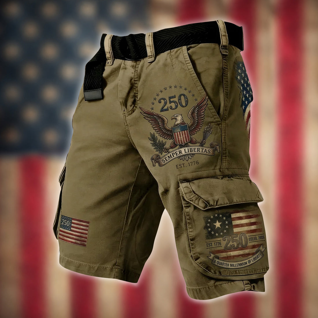 Bald Eagle USA Flag Pattern Army Green Cargo Shorts, Golf Shorts For Men, 250th Anniversary Short Pants