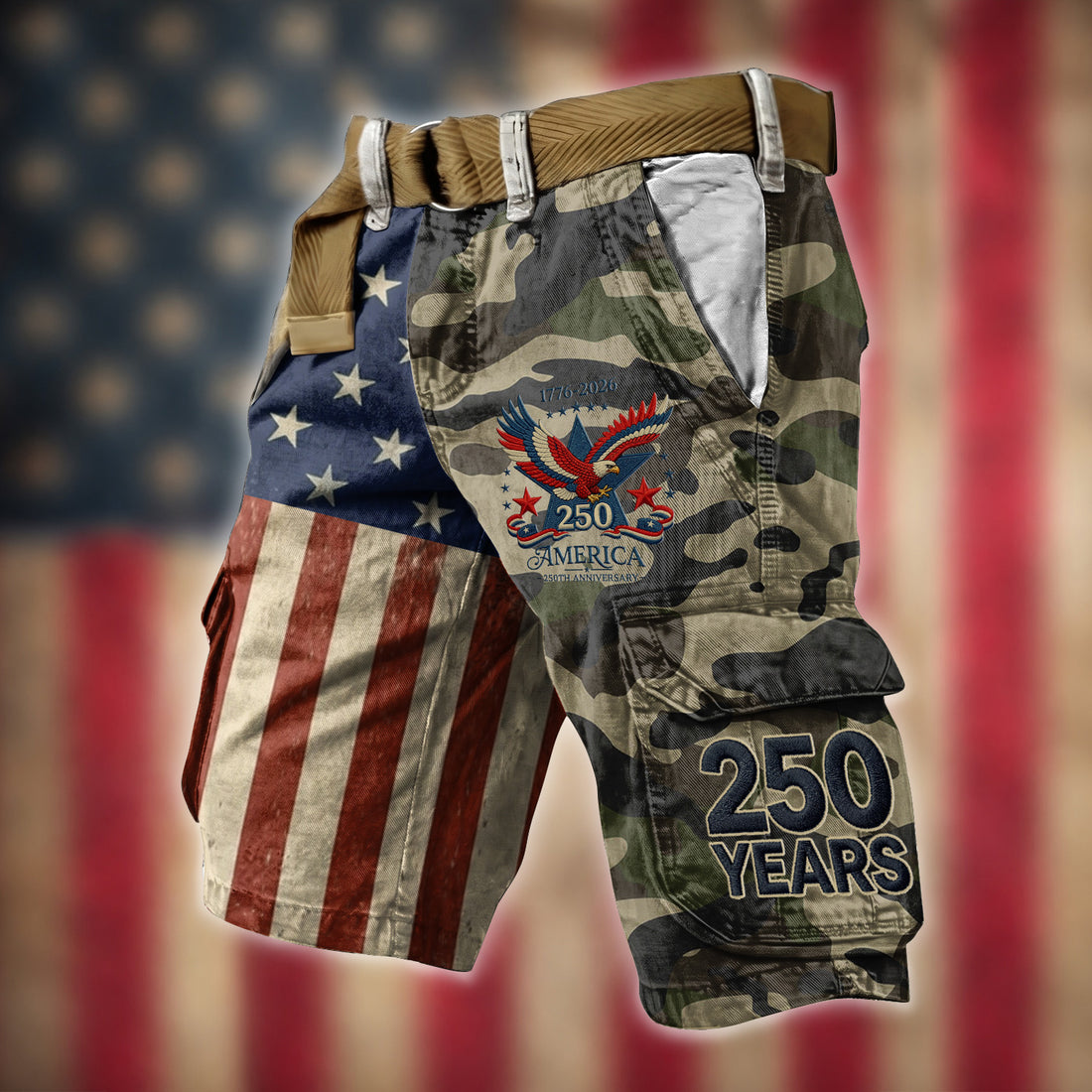 Bald Eagle US Flag Camo Cargo Shorts, Golf Shorts For Men, 250 Years Short Pants