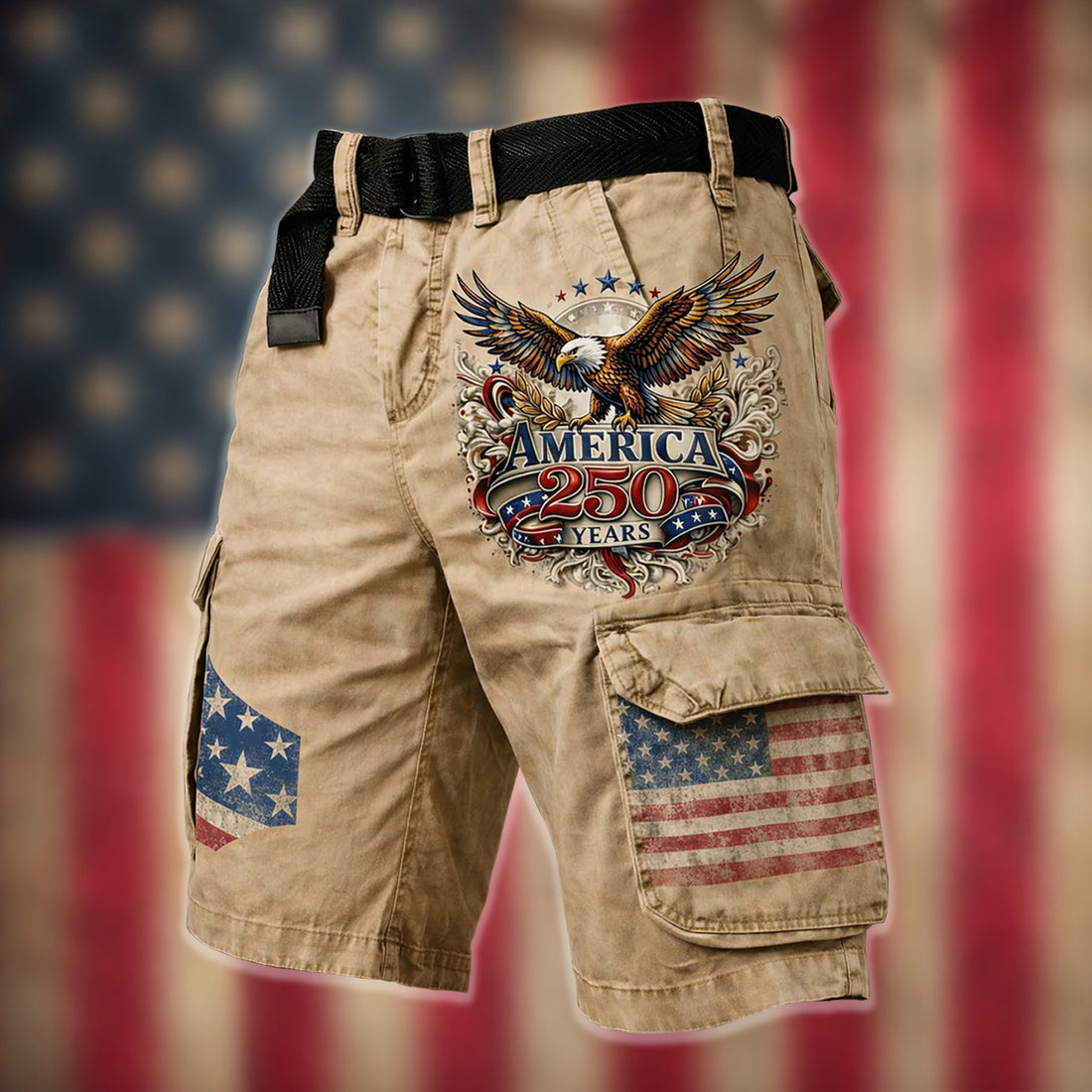 Khaki America 250 Eagle Cargo Shorts, Patriotic American Flag Shorts, Men's Cargo Shorts