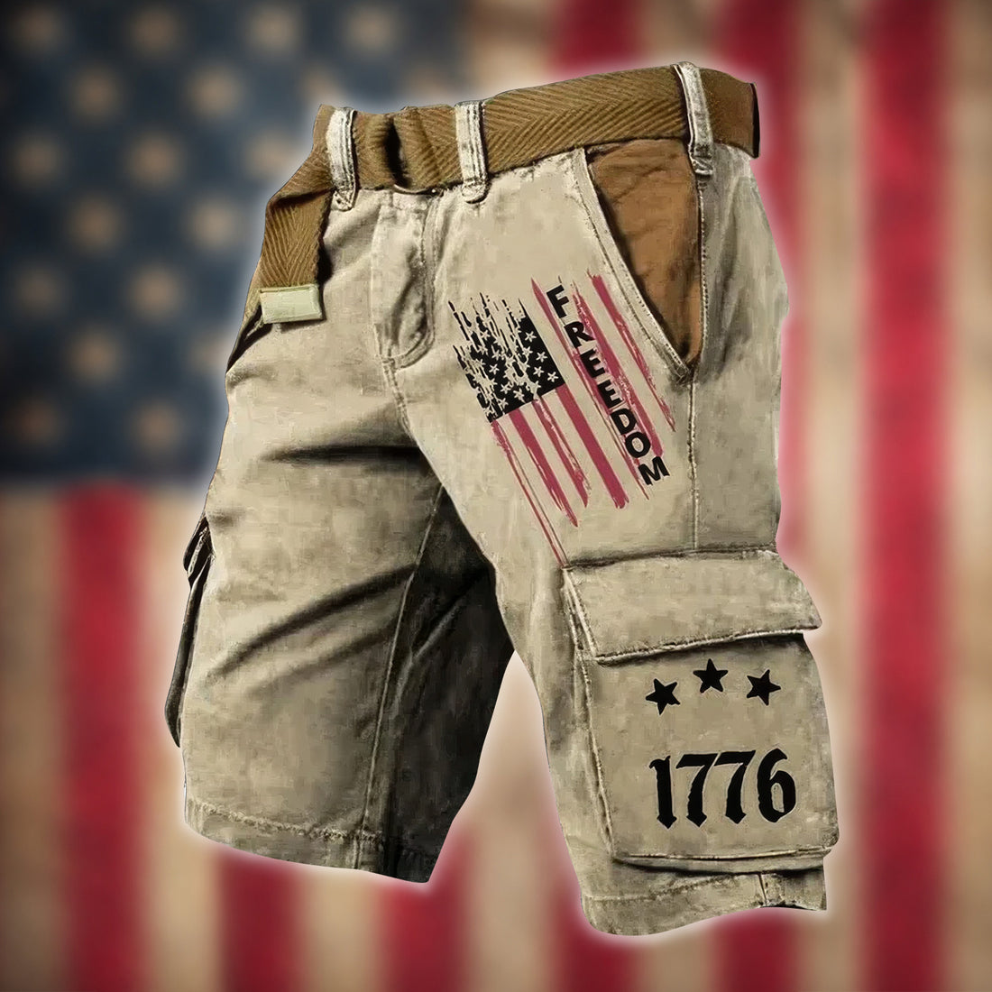 Freedom USA Flag Pattern Beige Cargo Shorts, Golf Shorts For Men, 250th Anniversary Short Pants
