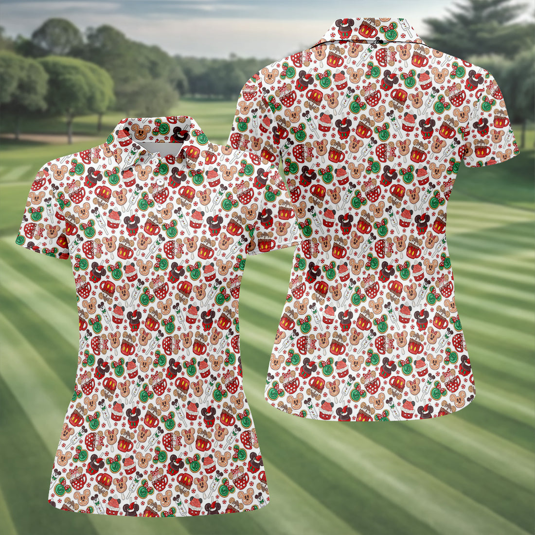 Cute Christmas Dessert Pattern Women's Golf Shirts, Ladies Golf Polos, Christmas Golf Shirt