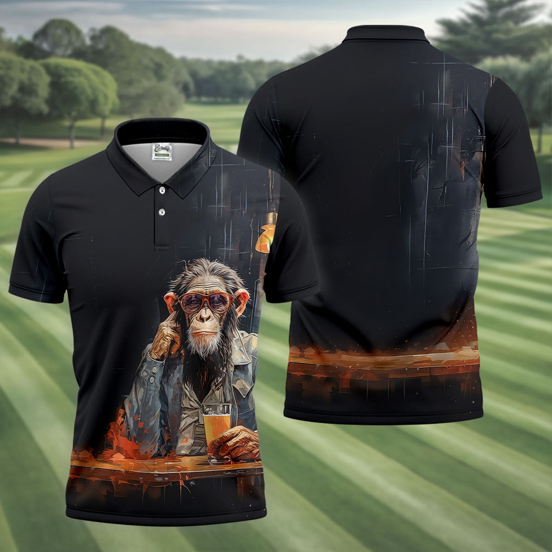 Monkey Gentleman Midnight Amber Hawaiian Golf Shirt, Men's Golf Shirt, Polo Shirts For Men
