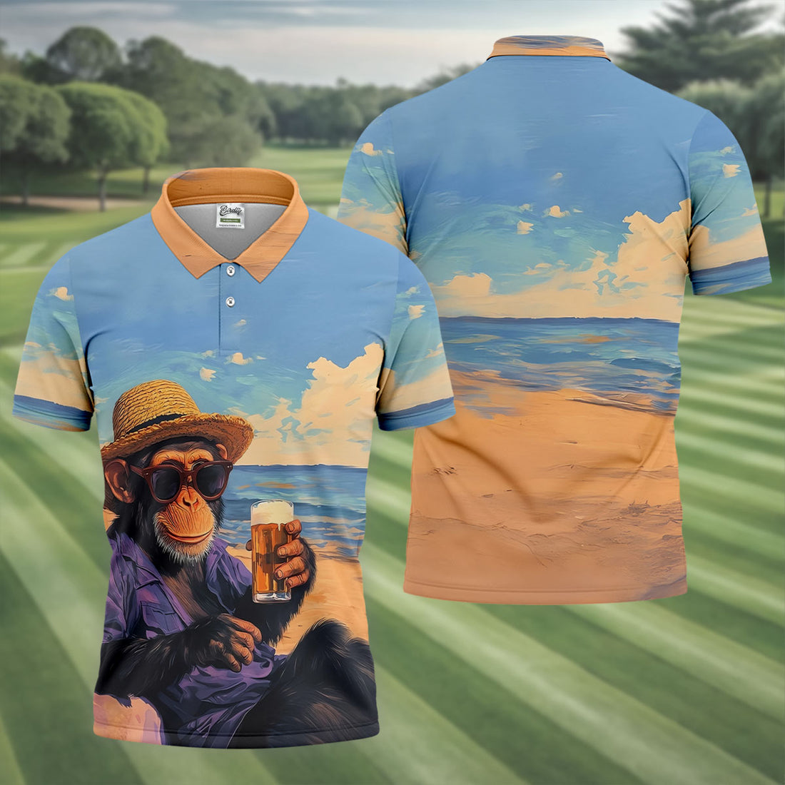 Beach Monkey Sky Sand Hawaiian Golf Polo, Golf Tops For Men, Golfing Apparel