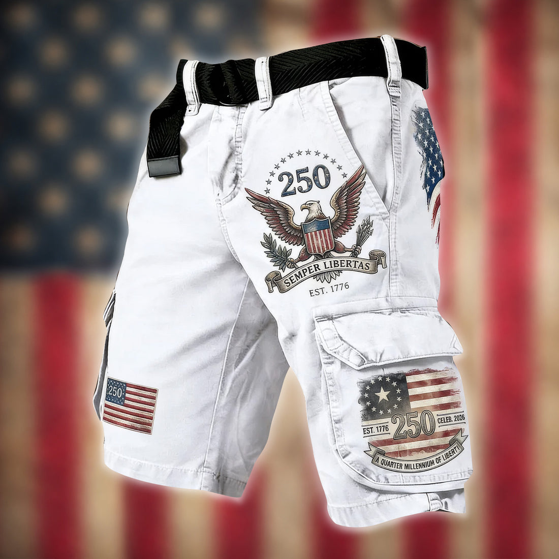 Bald Eagle USA Flag Pattern White Cargo Shorts, Golf Shorts For Men, 250th Anniversary Short Pants