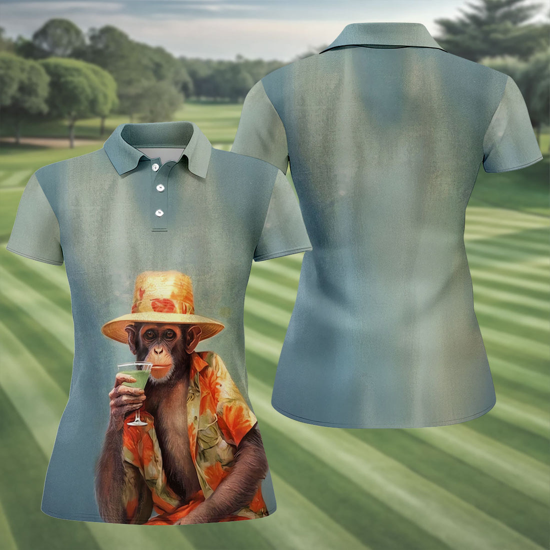 Tropical Monkey Mist Blue Hawaiian Golf Shirt, Women's Golf Tops, Ladies Golf Shirts