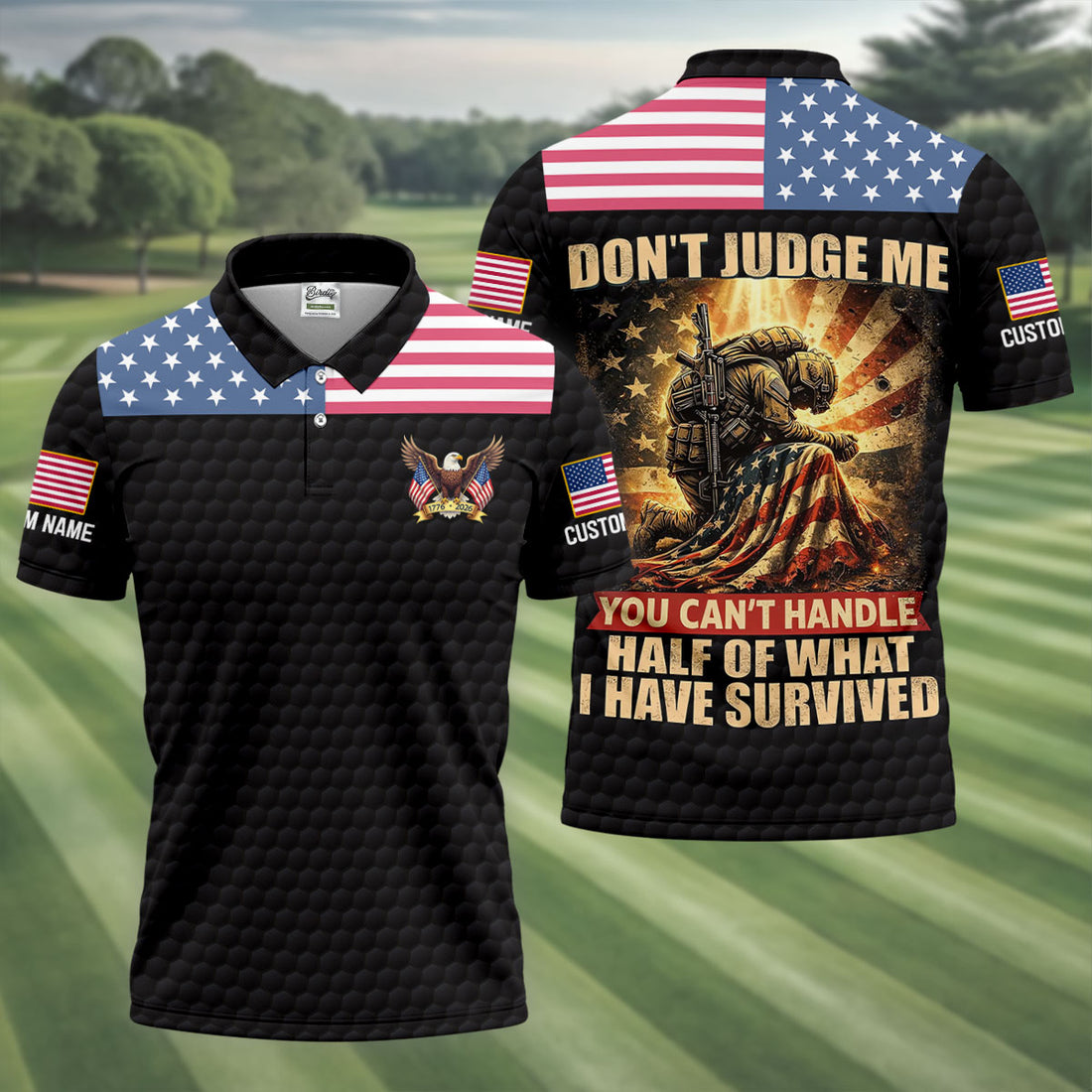 Military Veteran Long Sleeve Golf Shirt, American Flag Polo Shirt, Patriotic Independence Day Apparel For Men