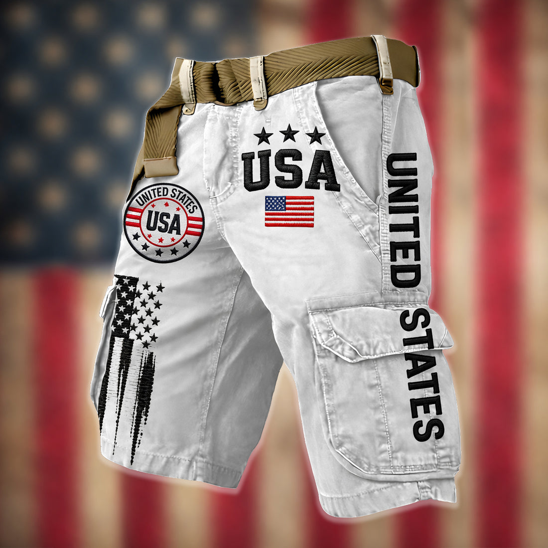 USA Flag Pattern White Cargo Shorts For Men, Golf Shorts For Men, 250th Anniversary Short Pants