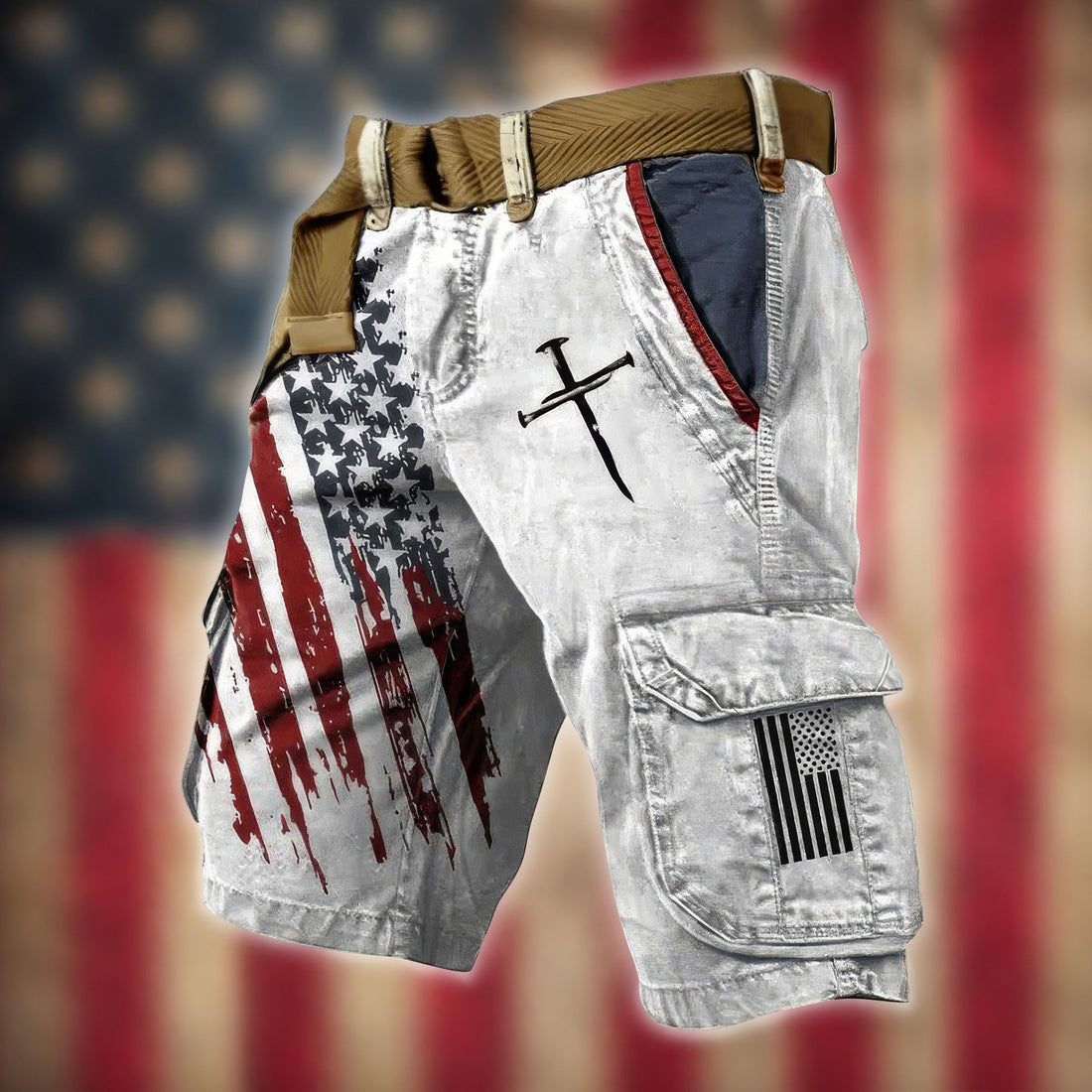 USA Flag Pattern Faith Cross White Cargo Shorts, Golf Shorts For Men, 250th Anniversary Short Pants