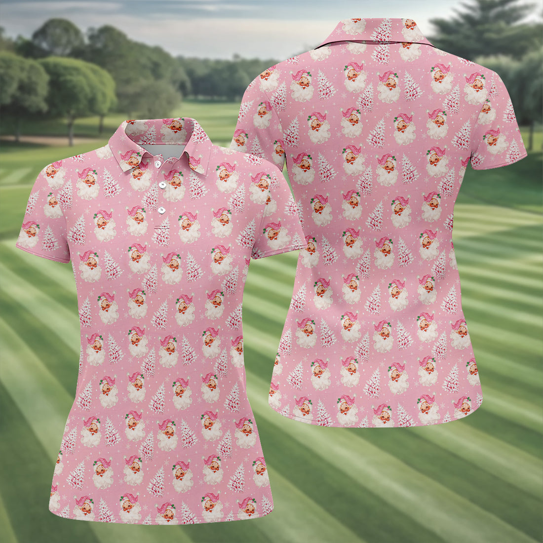 Pink Xmas Tree Santa Claus Pattern Christmas Golf Shirt, Women's Golf Tops, Golf Gift For Ladies