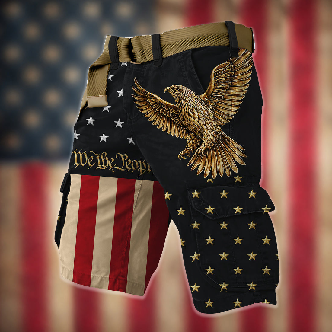 Patriotic Golden Eagle Cargo Shorts, American Flag USA Shorts, Men's Cargo Shorts