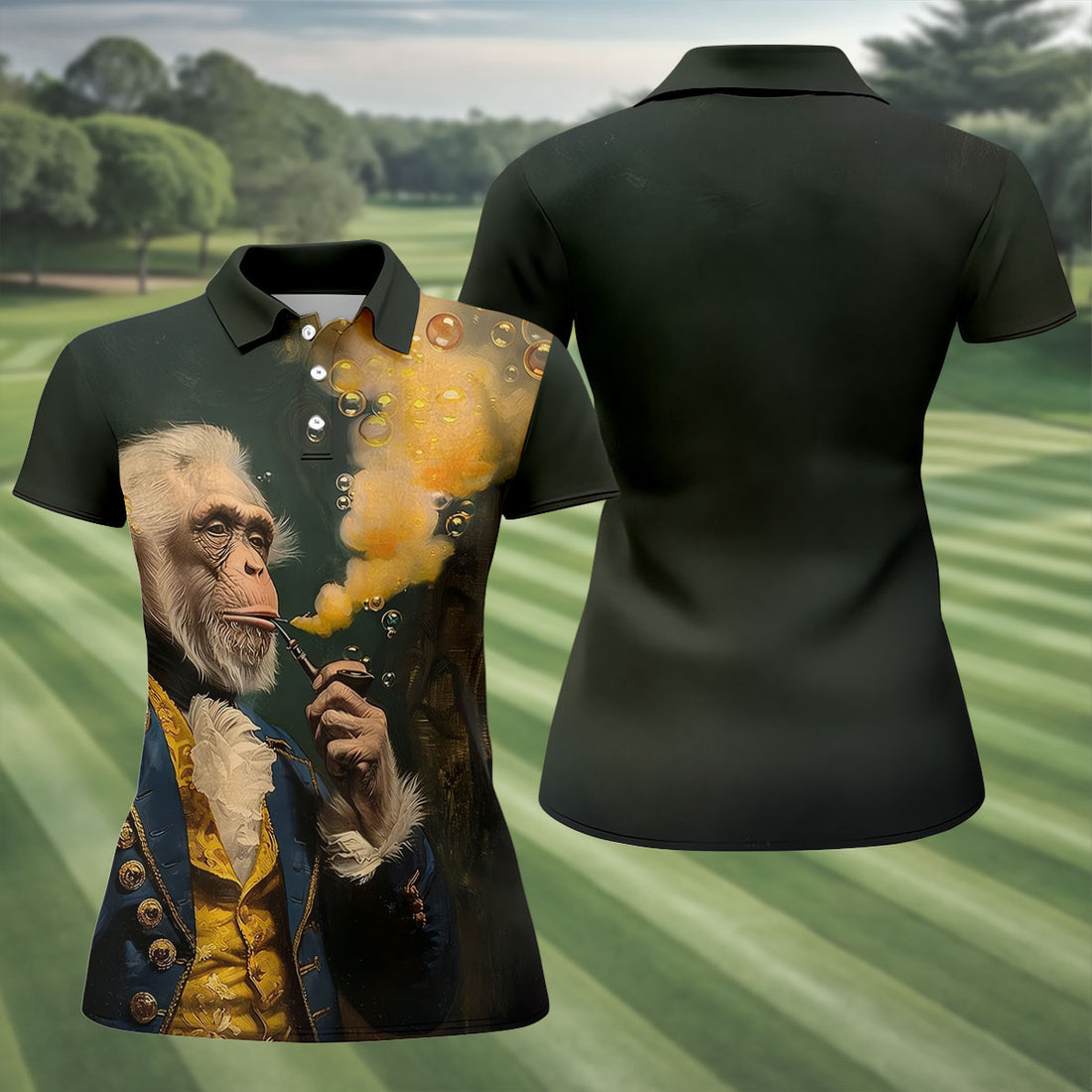Monkey Aristocrat Golden Smoke Hawaiian Golf Shirt, Women's Golf Tops, Ladies Golf Shirts