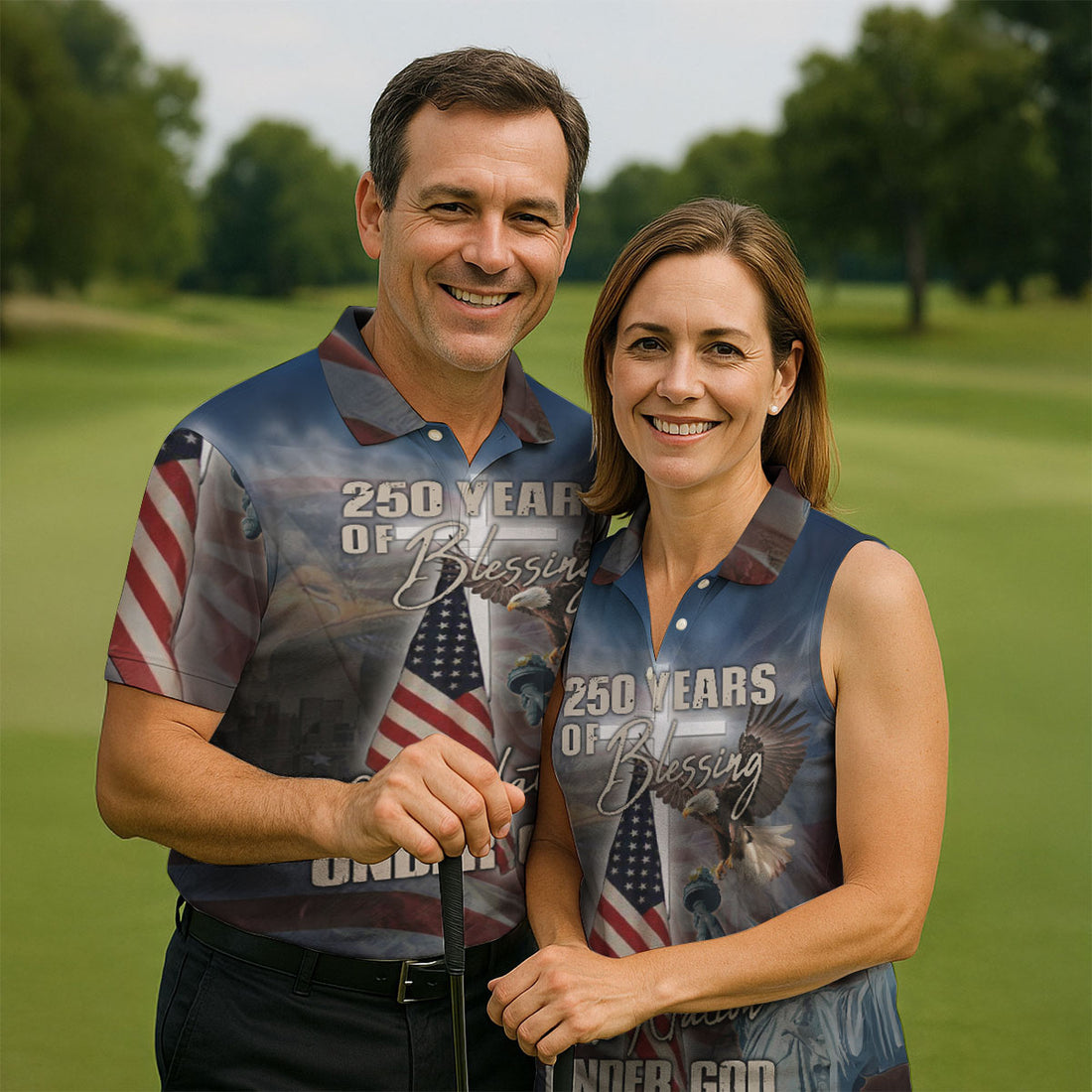 America 250 Years of Blessing Men's Polo Shirt, One Nation Under God Christian Golf Shirt, Patriotic Bald Eagle Liberty 4th of July Polo