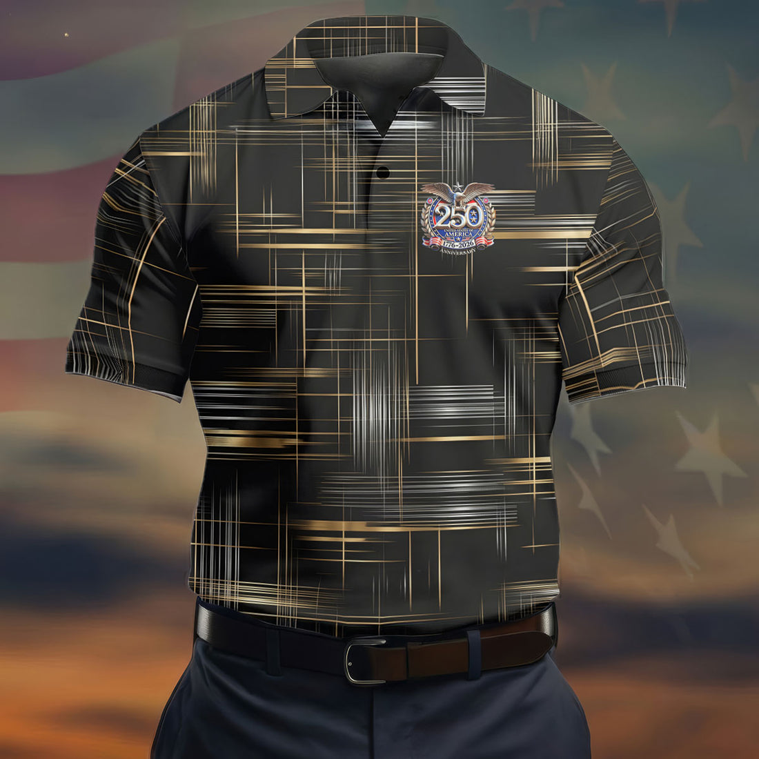 Gold And Silver Grid Pattern Patriotic 4th Of July Golf Shirt, 250 Years Golf Shirts For Men