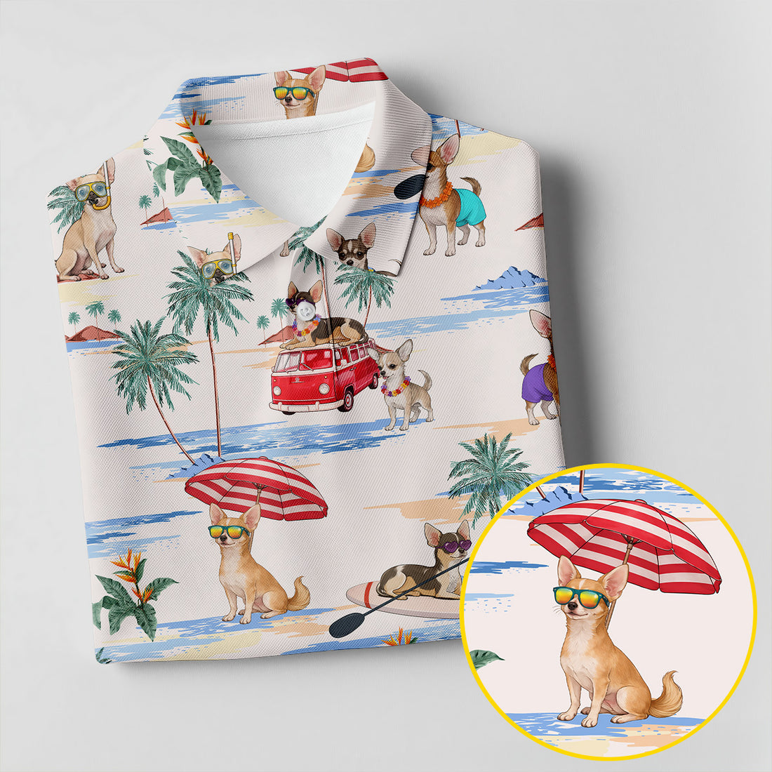 Summer Chihuahua Paradise Pattern Hawaiian Golf Polo, Golf Tops For Men, Golfing Apparel