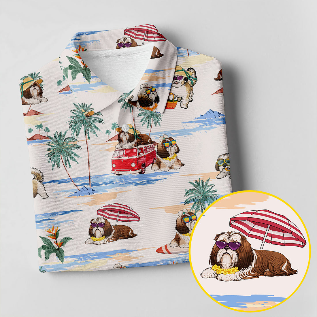 Beach Vacation Shih Tzu Print Hawaiian Golf Polo, Golf Tops For Women, Golfing Apparel