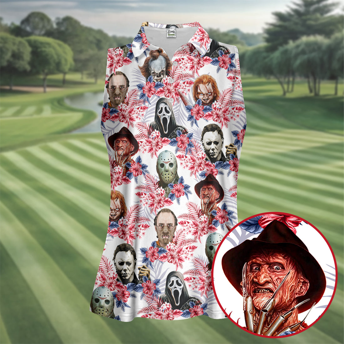 Tropical Horror Character Halloween Golf Shirt, Women's Golf Apparel, Printed Golf Shirt
